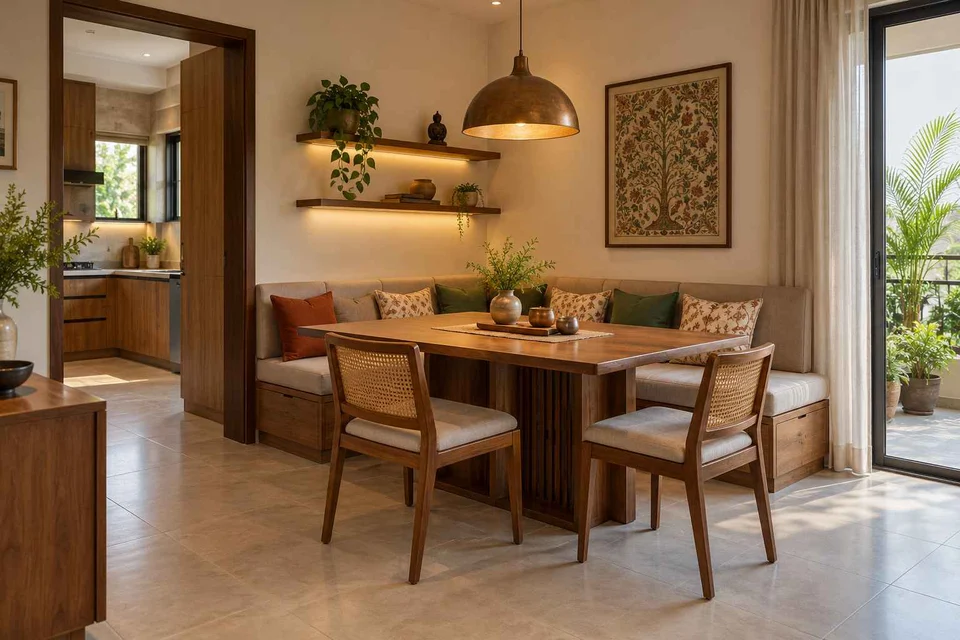 AI-generated dining-room concept: corner l-bench dining, adaptable everyday dining direction