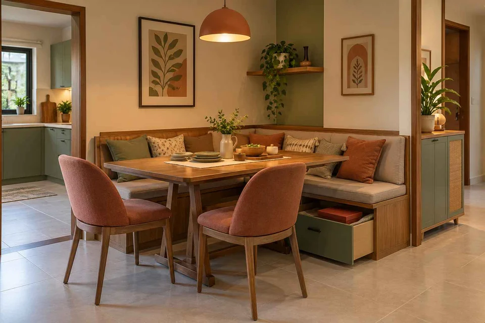 AI-generated dining-room concept: corner l-bench dining, board-game supper direction