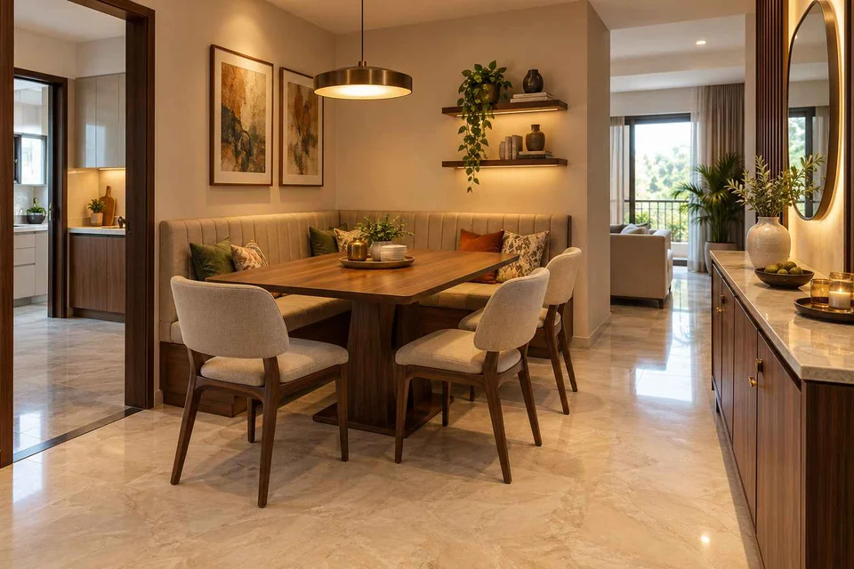 AI-generated dining-room concept: corner l-bench dining, buffet-side gathering direction