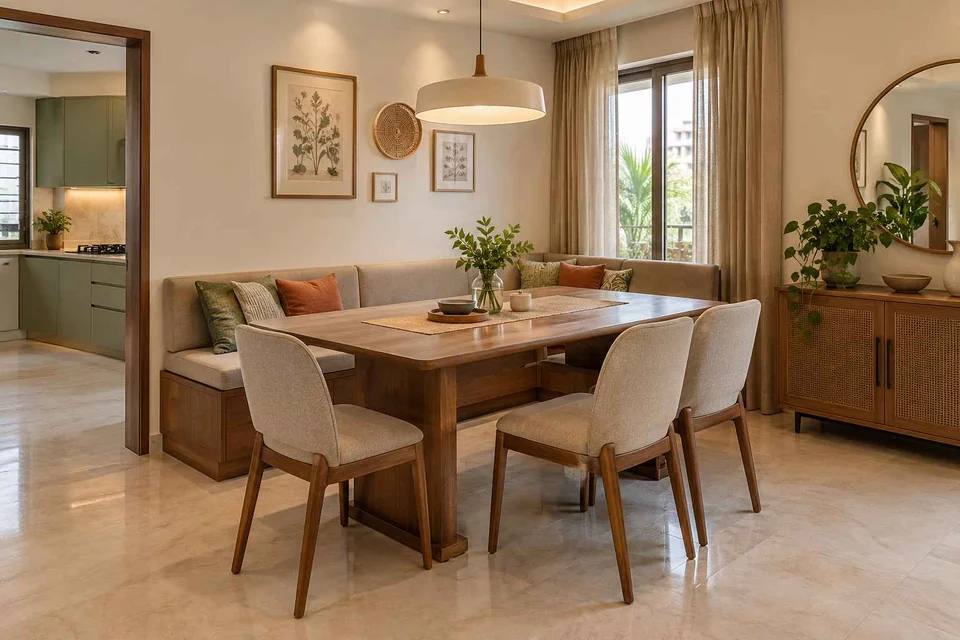 AI-generated dining-room concept: corner l-bench dining, children's everyday meals direction