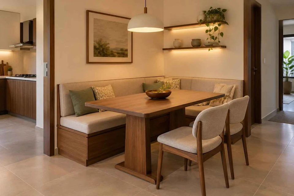 AI-generated dining-room concept: corner l-bench dining, clear-table daily reset direction