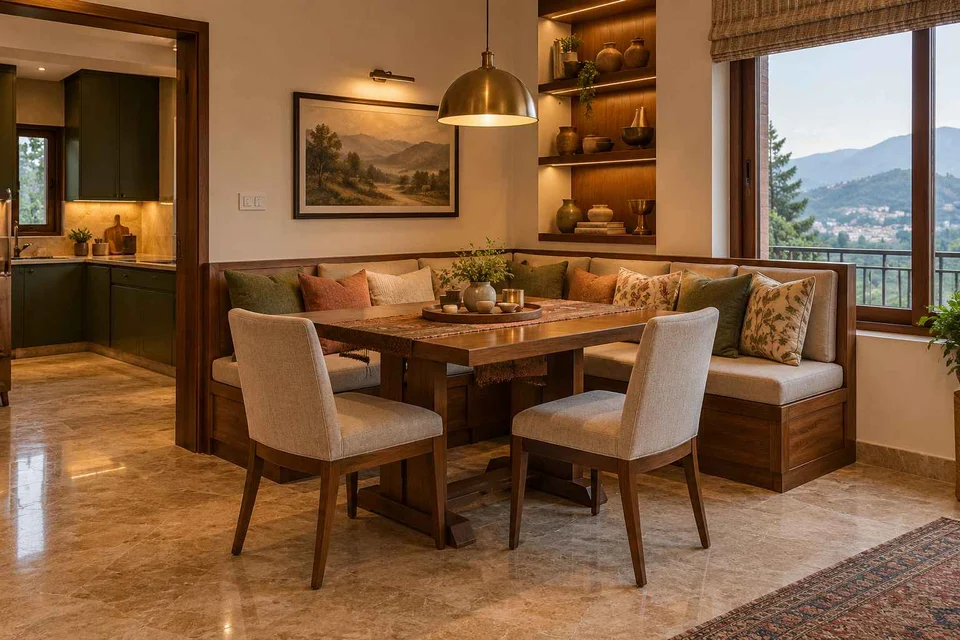 AI-generated dining-room concept: corner l-bench dining, cool-season family table direction
