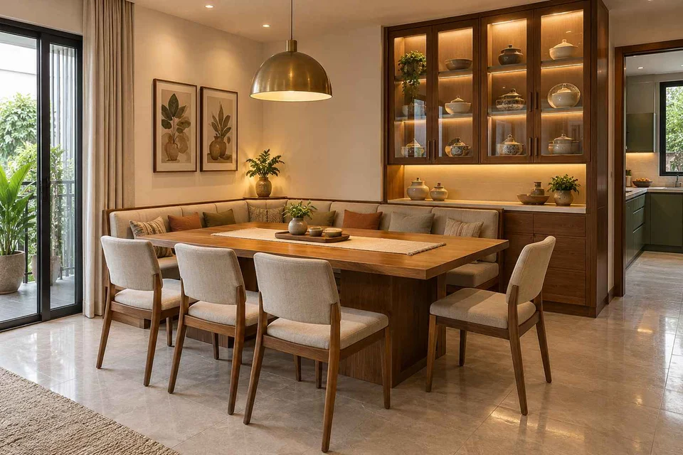 AI-generated dining-room concept: corner l-bench dining, crockery collection display direction