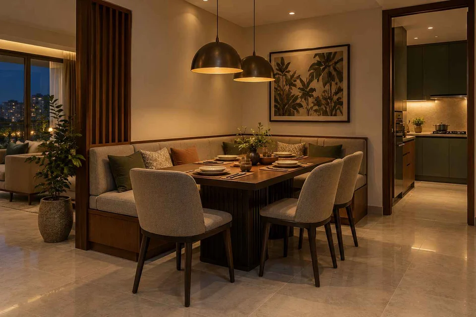 AI-generated dining-room concept: corner l-bench dining, evening candleless dinner direction