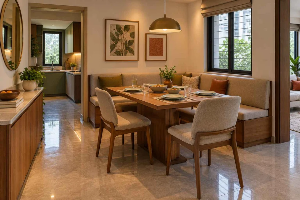 AI-generated dining-room concept: corner l-bench dining, everyday family supper direction