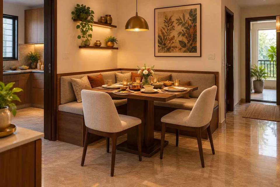 AI-generated dining-room concept: corner l-bench dining, festival meal preparation direction