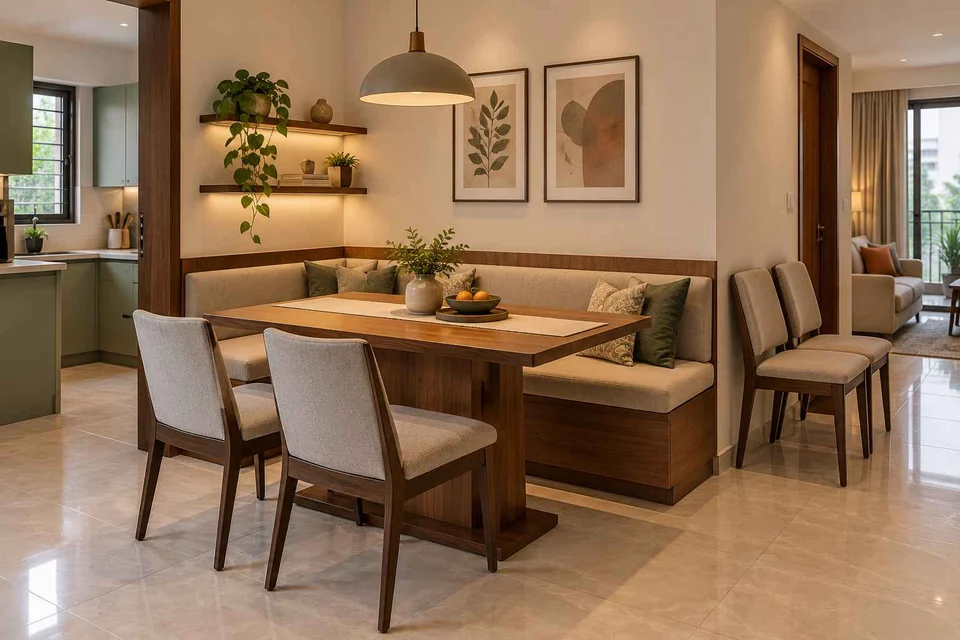 AI-generated dining-room concept: corner l-bench dining, flexible extra seats direction