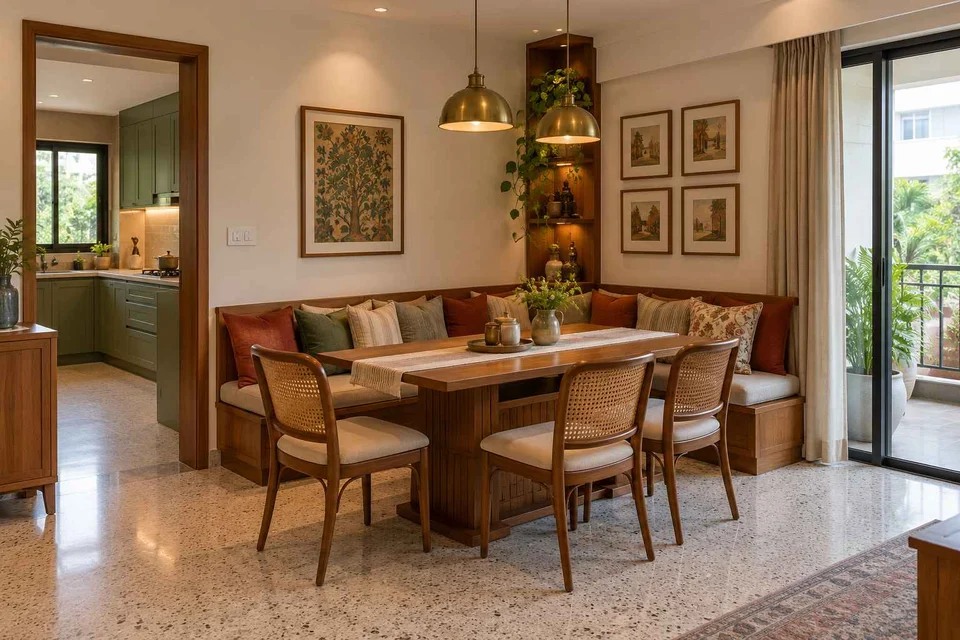 AI-generated dining-room concept: corner l-bench dining, grandparents and grandchildren direction