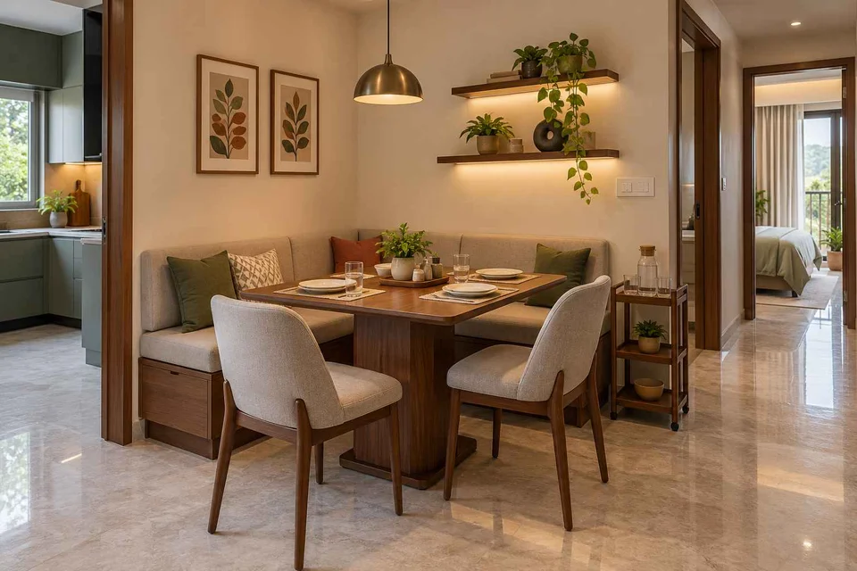 AI-generated dining-room concept: corner l-bench dining, guest welcome meal direction