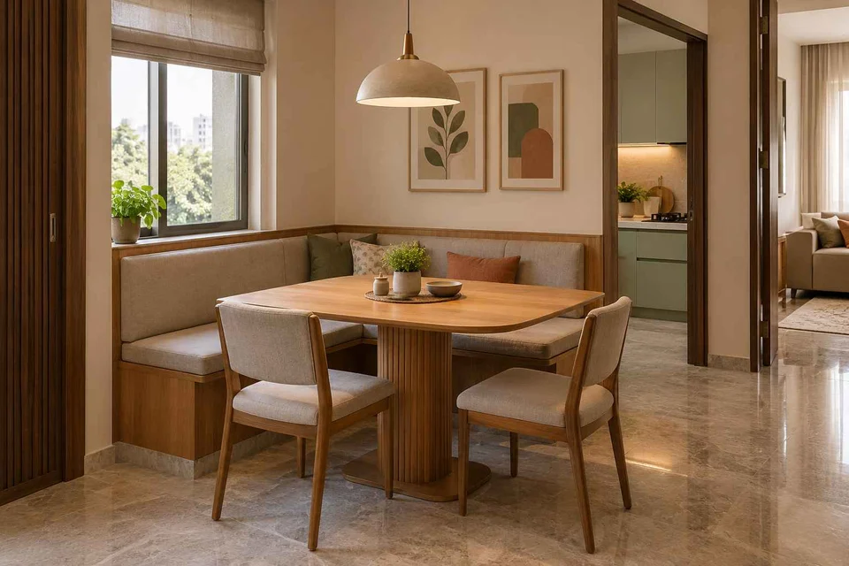 AI-generated dining-room concept: corner l-bench dining, homegrown herb table direction