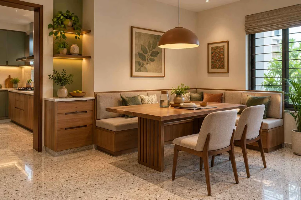 AI-generated dining-room concept: corner l-bench dining, homework-to-dinner transition direction