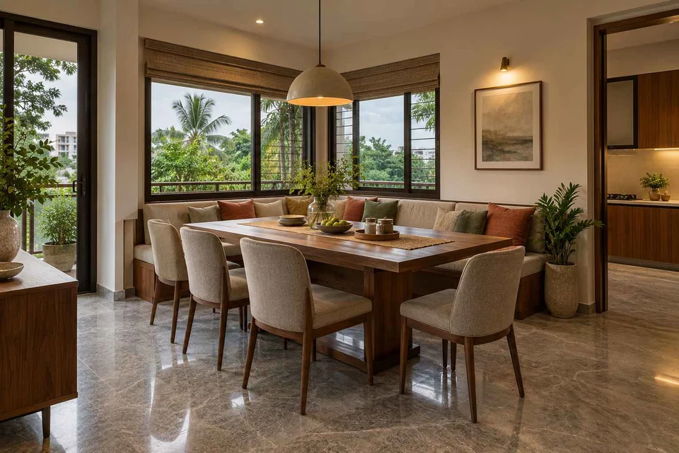 AI-generated dining-room concept: corner l-bench dining, monsoon lunch light direction