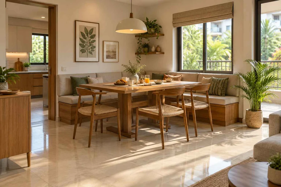 AI-generated dining-room concept: corner l-bench dining, morning breakfast rhythm direction