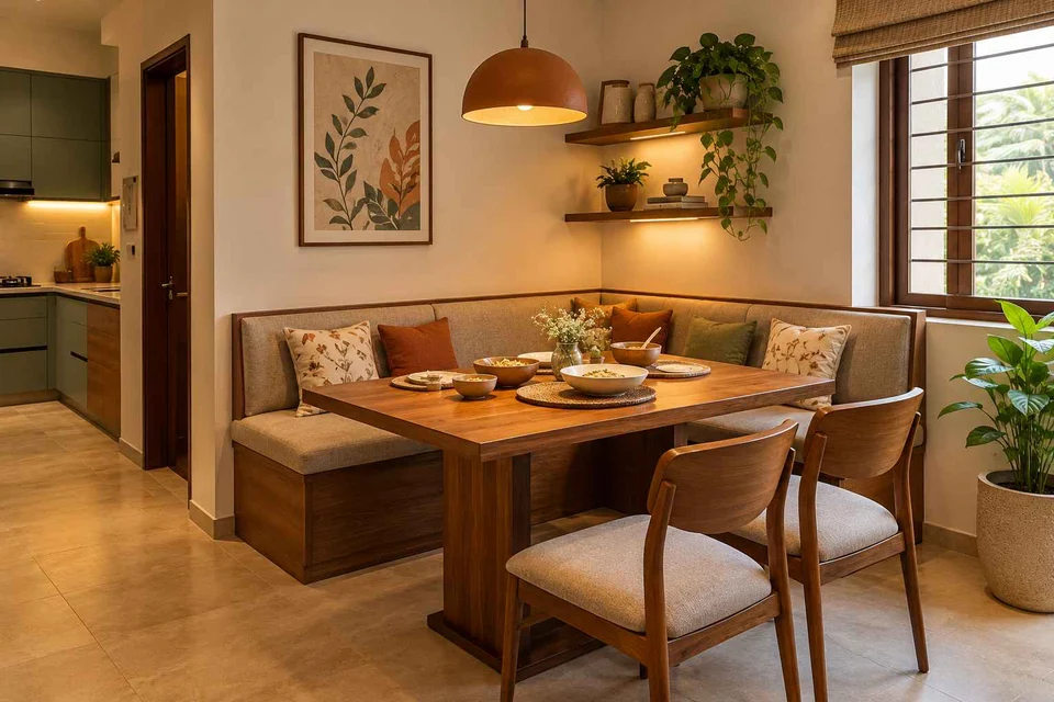 AI-generated dining-room concept: corner l-bench dining, serving bowl sharing direction