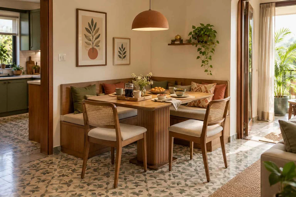 AI-generated dining-room concept: corner l-bench dining, slow weekend brunch direction