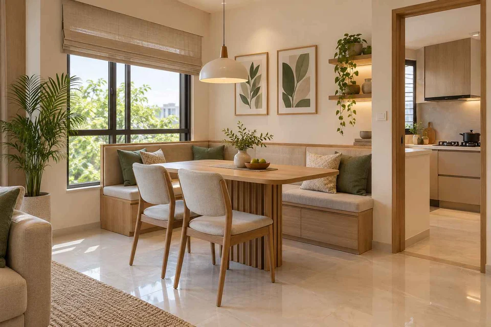 AI-generated dining-room concept: corner l-bench dining, summer-airiness dining direction