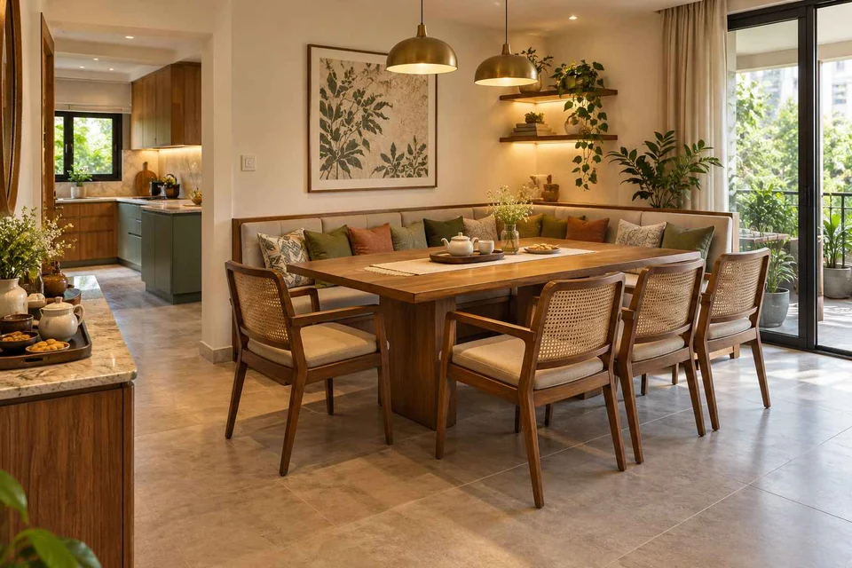 AI-generated dining-room concept: corner l-bench dining, tea with friends direction