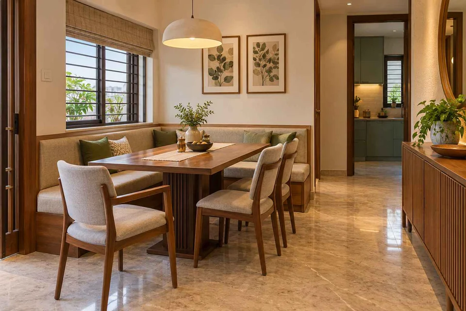 AI-generated dining-room concept: corner l-bench dining, visiting-parents meal direction