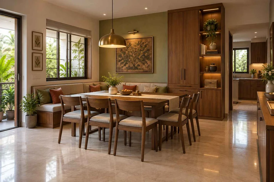 AI-generated dining-room concept: corner l-bench dining, weekend craft-to-meal reset direction