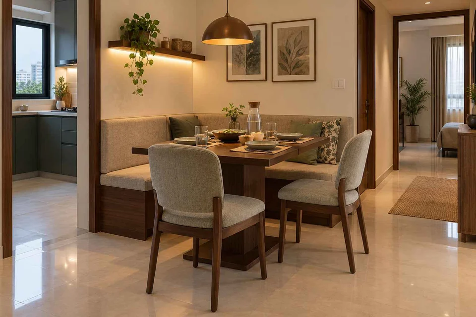 AI-generated dining-room concept: corner l-bench dining, weeknight compact hosting direction