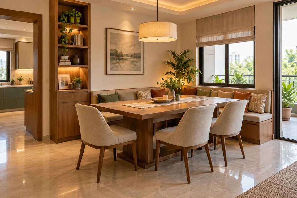 AI-generated dining-room concept: corner l-bench dining, work-from-home reset direction