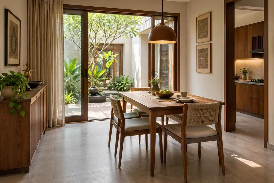 AI-generated dining-room concept: courtyard-facing dining, adaptable everyday dining direction