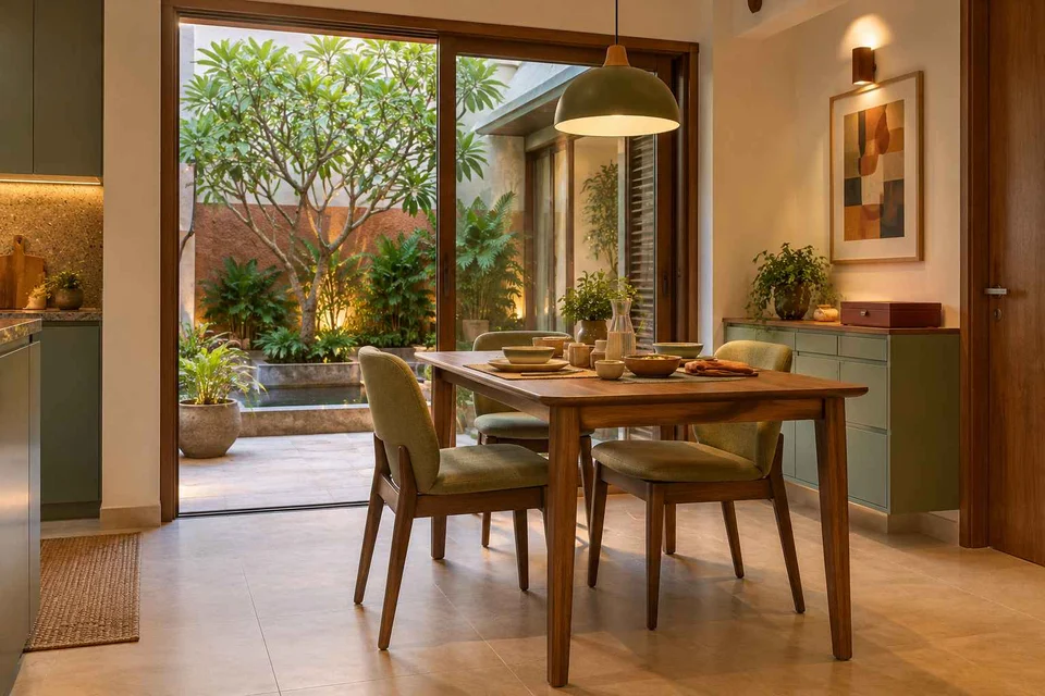 AI-generated dining-room concept: courtyard-facing dining, board-game supper direction