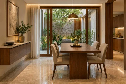 AI-generated dining-room concept: courtyard-facing dining, buffet-side gathering direction