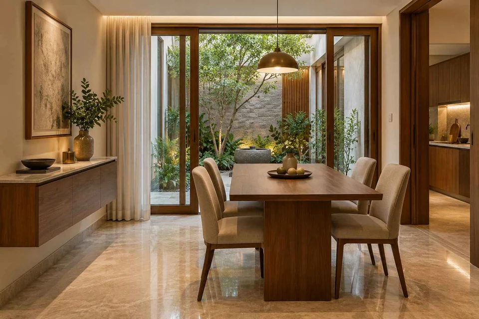 AI-generated dining-room concept: courtyard-facing dining, buffet-side gathering direction