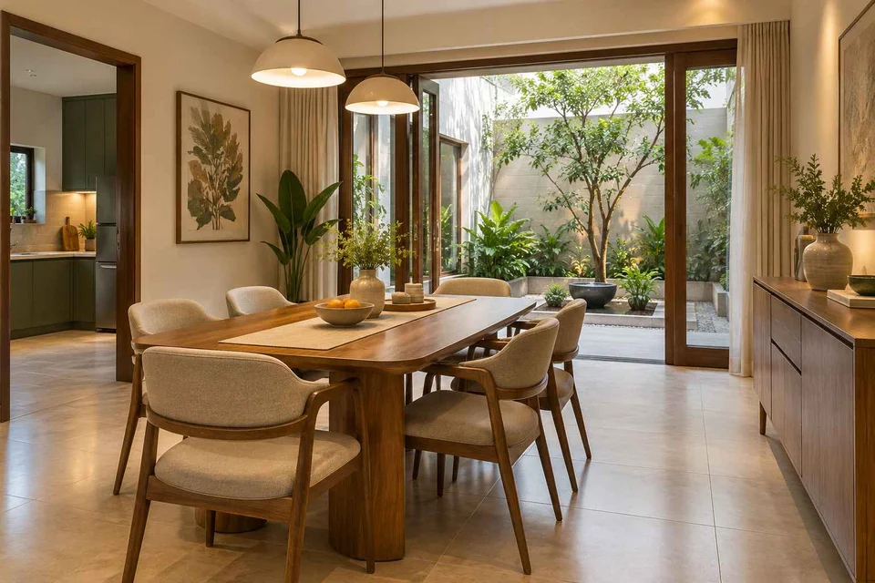 AI-generated dining-room concept: courtyard-facing dining, children's everyday meals direction