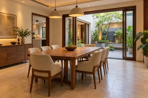 AI-generated dining-room concept: courtyard-facing dining, clear-table daily reset direction