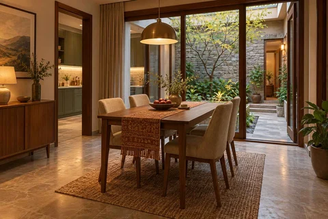 AI-generated dining-room concept: courtyard-facing dining, cool-season family table direction
