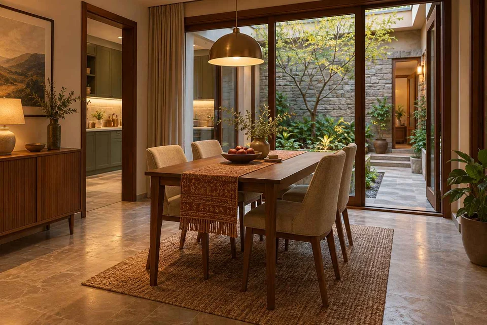 AI-generated dining-room concept: courtyard-facing dining, cool-season family table direction