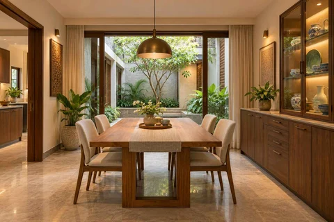 AI-generated dining-room concept: courtyard-facing dining, crockery collection display direction