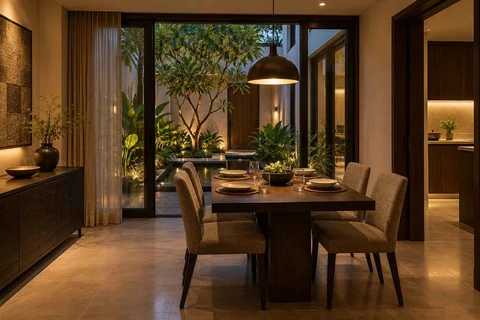 AI-generated dining-room concept: courtyard-facing dining, evening candleless dinner direction