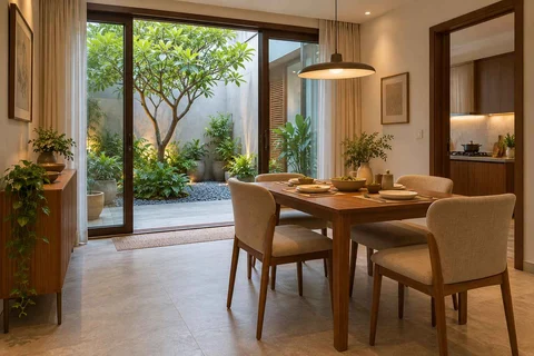 AI-generated dining-room concept: courtyard-facing dining, everyday family supper direction