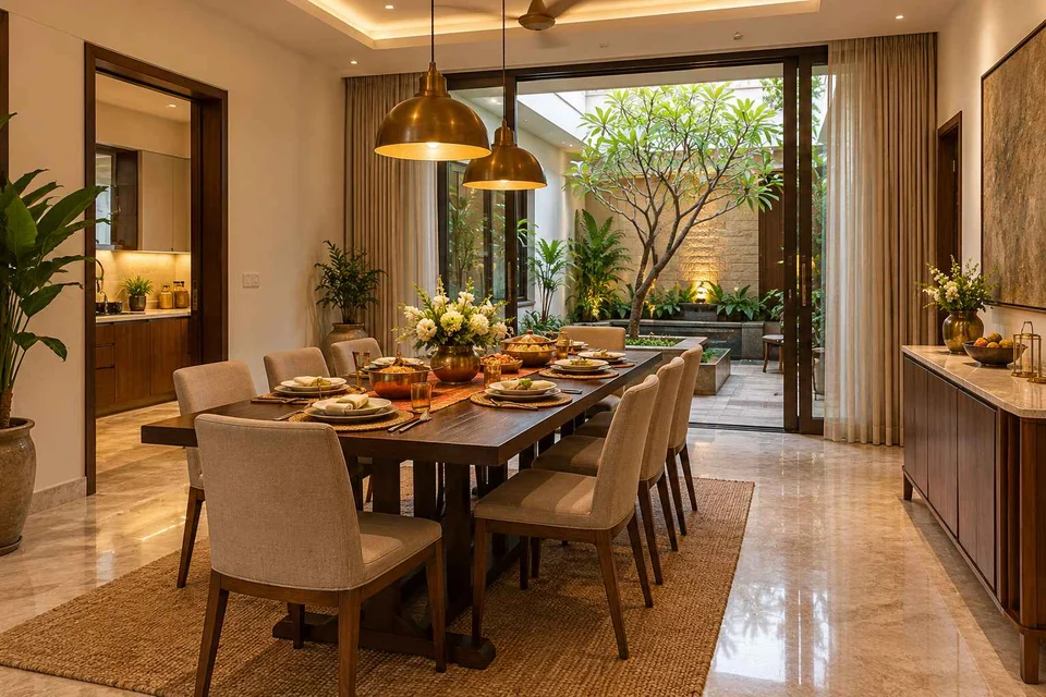 AI-generated dining-room concept: courtyard-facing dining, festival meal preparation direction