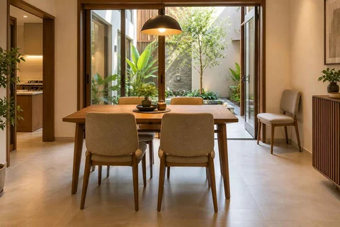 AI-generated dining-room concept: courtyard-facing dining, flexible extra seats direction