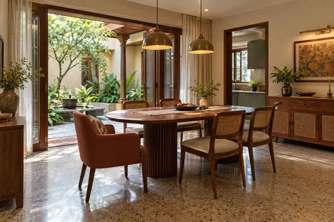 AI-generated dining-room concept: courtyard-facing dining, grandparents and grandchildren direction