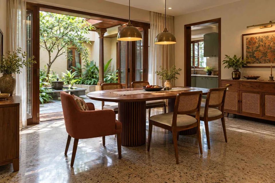AI-generated dining-room concept: courtyard-facing dining, grandparents and grandchildren direction
