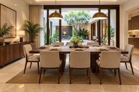 AI-generated dining-room concept: courtyard-facing dining, guest welcome meal direction