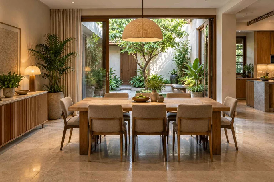 AI-generated dining-room concept: courtyard-facing dining, homegrown herb table direction