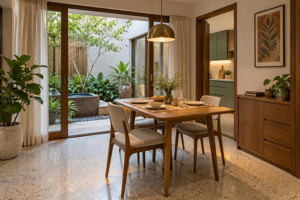 AI-generated dining-room concept: courtyard-facing dining, homework-to-dinner transition direction