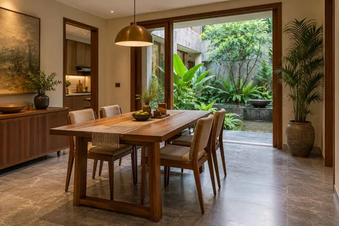 AI-generated dining-room concept: courtyard-facing dining, monsoon lunch light direction