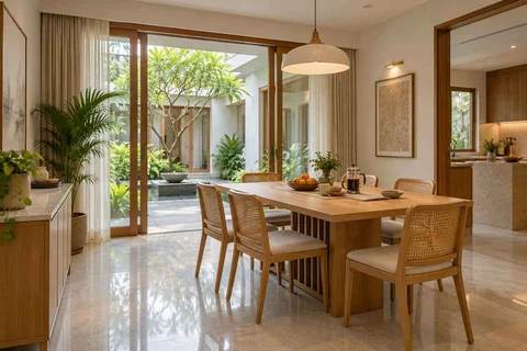 AI-generated dining-room concept: courtyard-facing dining, morning breakfast rhythm direction
