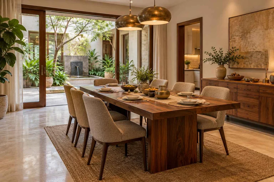 AI-generated dining-room concept: courtyard-facing dining, serving bowl sharing direction