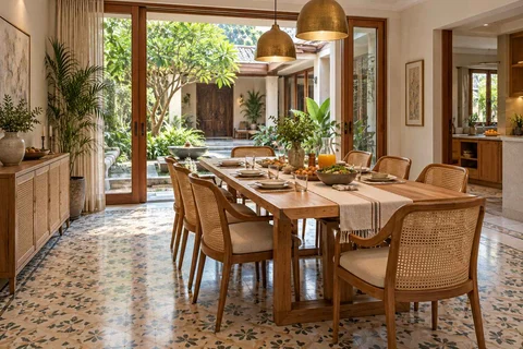 AI-generated dining-room concept: courtyard-facing dining, slow weekend brunch direction