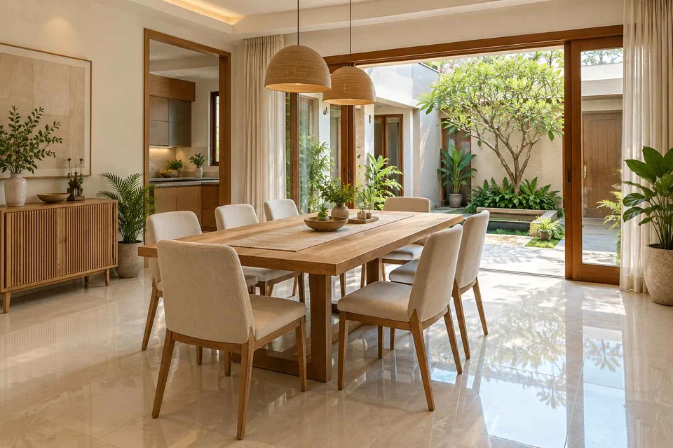 AI-generated dining-room concept: courtyard-facing dining, summer-airiness dining direction