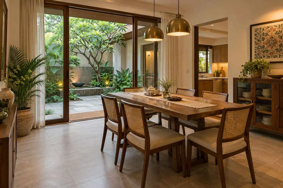 AI-generated dining-room concept: courtyard-facing dining, tea with friends direction