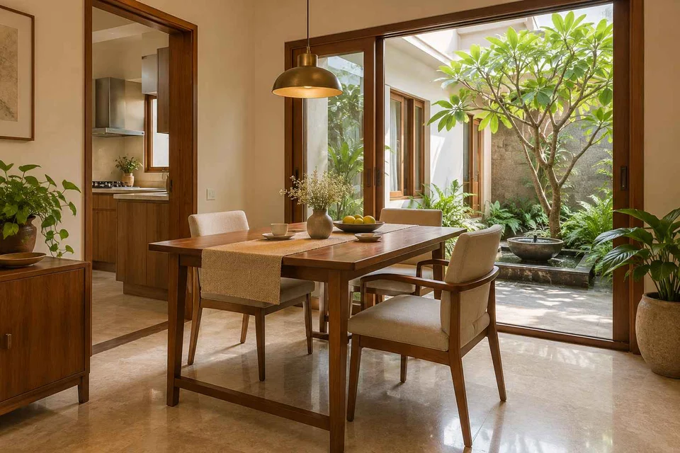 AI-generated dining-room concept: courtyard-facing dining, visiting-parents meal direction